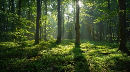 Obraz premium Lush green forest with tall trees and sunlight filtering through, copy space