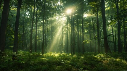 Lush green forest with tall trees and sunlight filtering through, copy space
