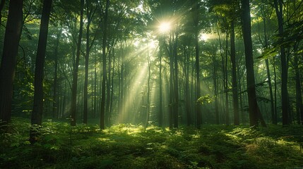 Naklejka premium Lush green forest with tall trees and sunlight filtering through, copy space