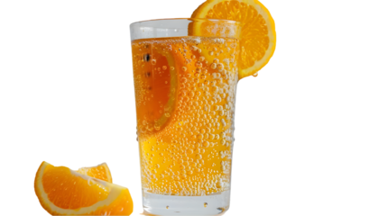 Orange juice with bubbles in glass cup isolated on a transparent background
