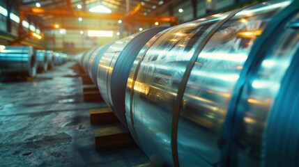 Industrial steel rolls in a factory setting, suitable for manufacturing and industrial concepts.