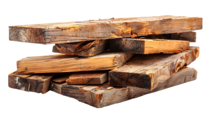 Pile pieces of broken planks isolated on a transparent background