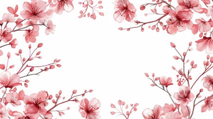 Naklejka premium Beautiful floral border with pink blossoms and delicate branches on a white background. Ideal for invitations, cards, and spring designs.