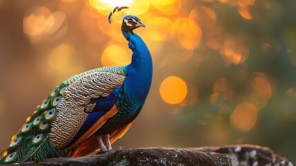 Amidst ancient ruins of Angkor Wat a majestic peacock named Rajah struts proudly his iridescent feathers shimmering in the golden light of the setting sun as he displays his plumage to potential mates