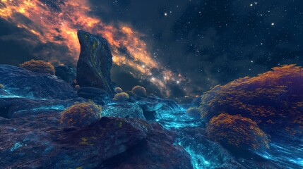 A 3D alien planet surface with bizarre rock formations and a glowing, bioluminescent vegetation under a galaxy-filled sky. 32k, full ultra hd, high resolution - Powered by Adobe
