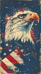 Vibrant 4th of July background illustration featuring American flag, Bald Eagle, and fireworks