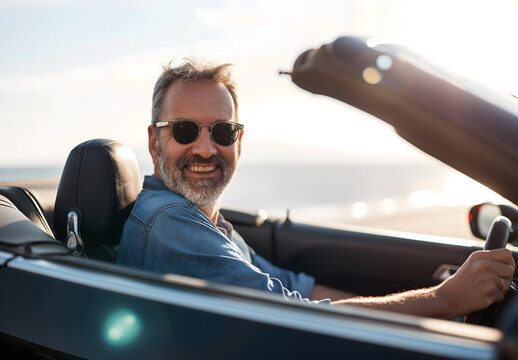 A happy senior man driving his convertible car on the beach on a sunny day with sunlight