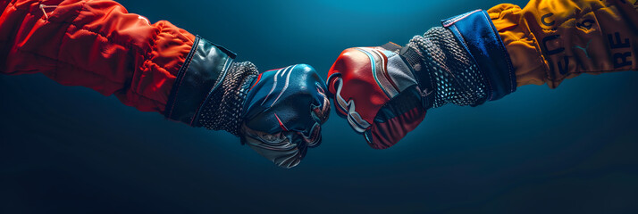 fist bump of two race car drivers gloved hands