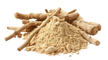 Ashwagandha powder pile scattered isolated on a transparent background