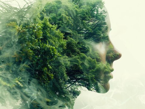 Double exposure of beautiful woman and blue forest