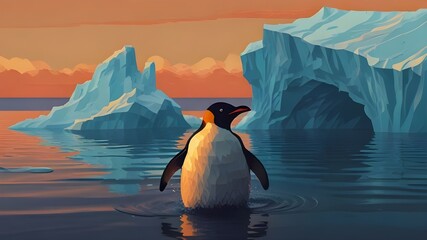 A penguin perched on top of an iceberg, waiting patiently for the perfect wave