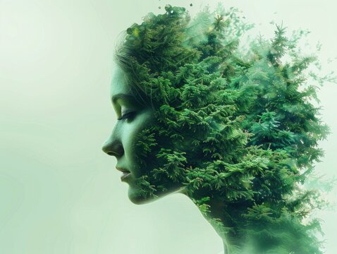 Double exposure of beautiful woman and blue forest