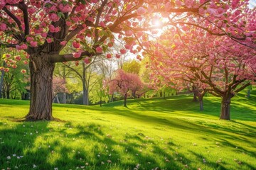 Naklejka premium Springtime Park with Cherry Blossoms