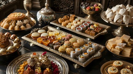 A decadent platter of assorted mithai, from creamy barfis to delicate ladoos, presented on ornate silver trays against a backdrop of opulent Mughal-inspired architecture, exuding timeless elegance.