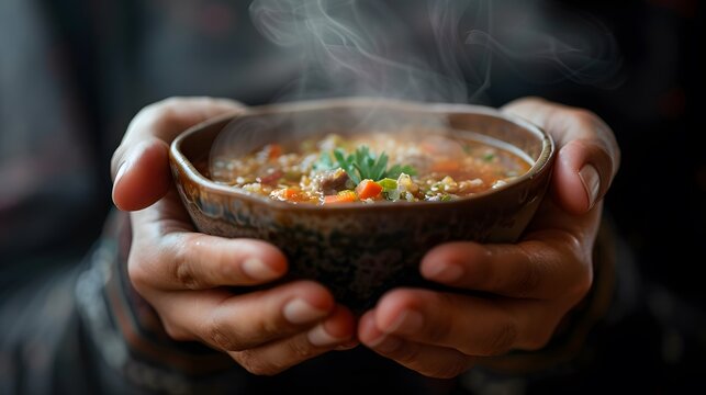Close-up of Hands holding a steaming bowl of soup