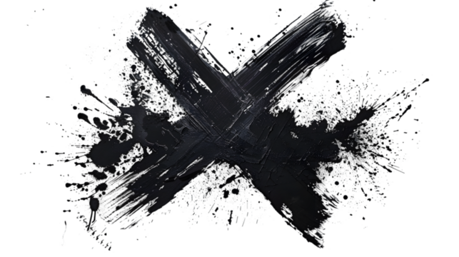 Black spray stain in crossed out, x drawing isolated on a transparent background