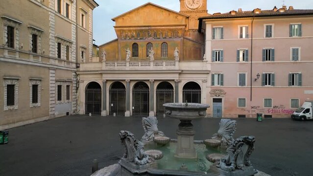 Amazing Aerial View of Fountain and Basilica of Santa Maria in Trastevere