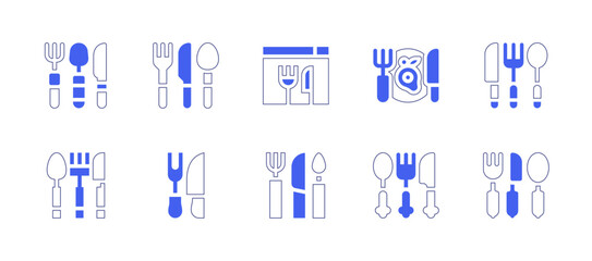 Fork and knife icon set. Duotone style line stroke and bold. Vector illustration. Containing knife, cutlery, restaurant, online.