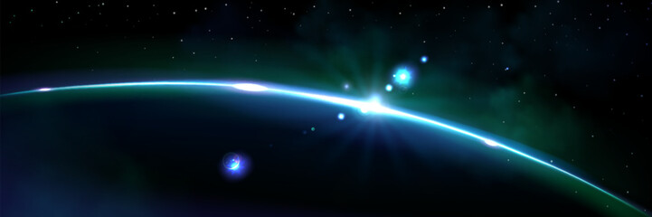 Planet horizon blue glow with rays and sparkle. Realistic 3d vector illustration of sunlight at dawn or dusk view from space. Fantasy universe sunrise or sunset light. Earth cosmos star rise. © klyaksun