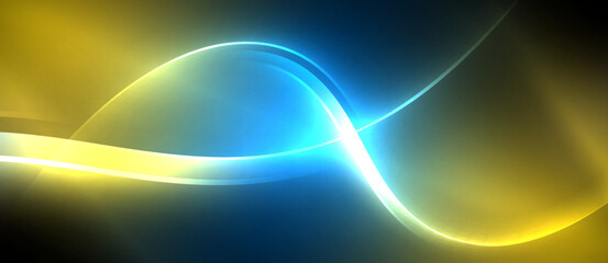 Neon glowing circle rays, light round lines in the dark, planet style neon wave lines. Energetic electric concept design for wallpaper, banner, background