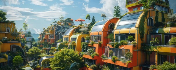 Solarpowered futuristic city, buildings with solar panels, green rooftops, vibrant colors, photorealistic, modern design