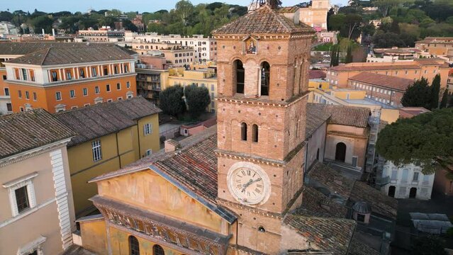 Drone Orbits Above Basilica of Our Lady in Trastevere Bell Tower (Campanile)