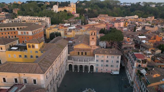 Aerial Boom Shot Reveals Basilica of Our Lady in Trastevere. Popular Roman Neighborhood