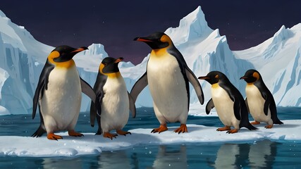 A group of penguins huddled together on an iceberg, one bravely surfing a smaller wave