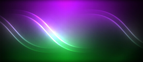 Neon glowing circle rays, light round lines in the dark, planet style neon wave lines. Energetic electric concept design for wallpaper, banner, background