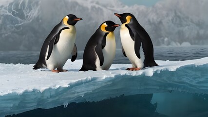 A group of penguins huddled together on an iceberg, one bravely surfing a smaller wave