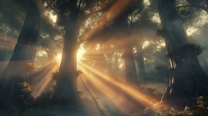 A 3D render of a dense, misty forest at dawn, with rays of sunlight piercing through the tall, ancient trees. 32k, full ultra hd, high resolution