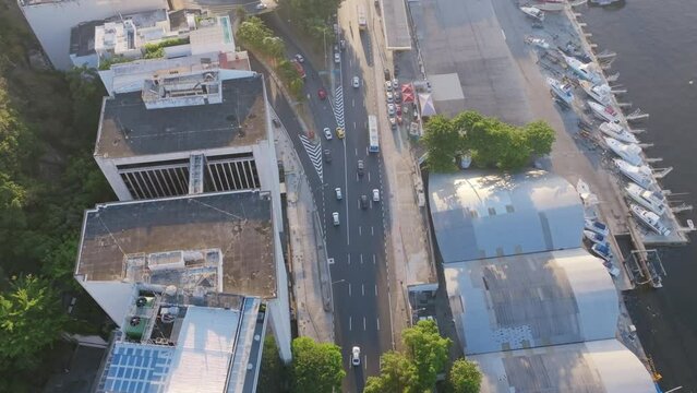 Flyover footage of traffic in Botafogo in Rio de Janeiro in the morning light on Av. Pasteur.