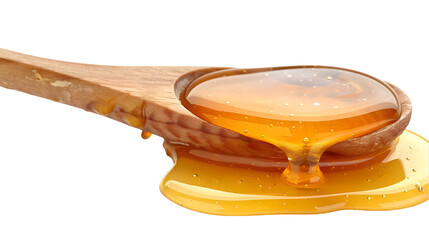 Honey puddle with wooden spoon isolated on a transparent background