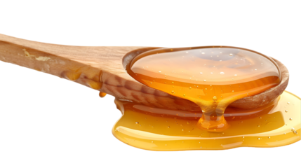 Honey puddle with wooden spoon isolated on a transparent background