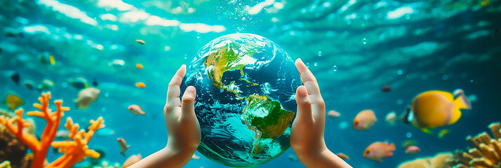 Image of a small earth living in harmony with sea creatures.
