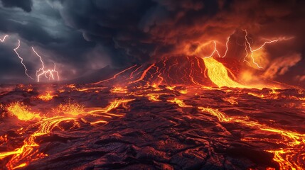 A 3D volcanic landscape with flowing lava and ash plumes, set against a dark, stormy sky lit by occasional lightning. 32k, full ultra hd, high resolution