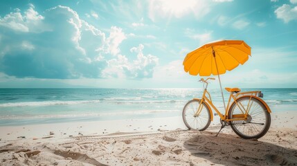 Fototapeta premium Vintage bike on shoreline, azure waters, beach umbrella, summer relaxation, golden sunlight