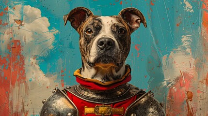 Surreal and funky portrait of a dog in knights armor with a creative collage background