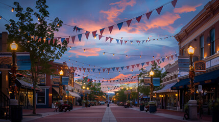 A historic American town square decorated with bunting and flags, with antique street lamps casting...