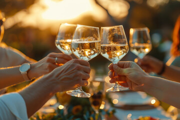 Friends Toasting with Wine at Sunset