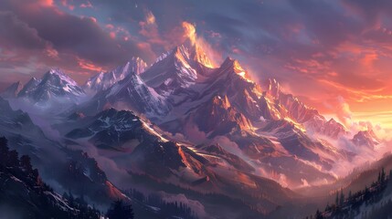 Obraz premium Sunrise and Sunset in Snowy Mountain Landscape