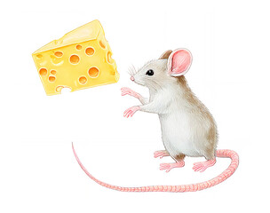 アナログタッチ、手描き風のリアルなチーズを食べるネズミのイラスト、油絵風、絵画　AI生成画像