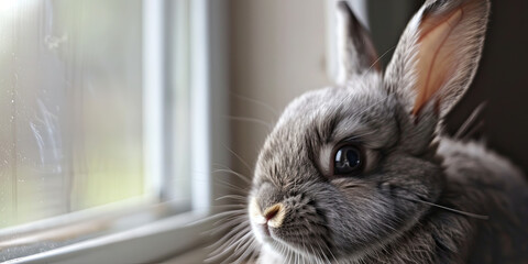 an adorable gray Netherland dwarf rabbit with large eyes, generative AI