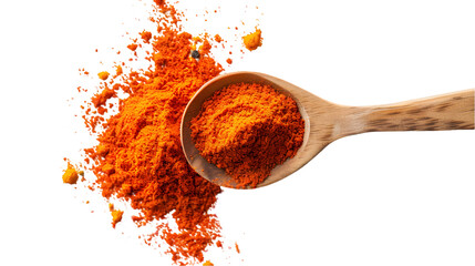 Red paprika, cayenne pepper powder in wooden spoon pile isolated on a transparent background