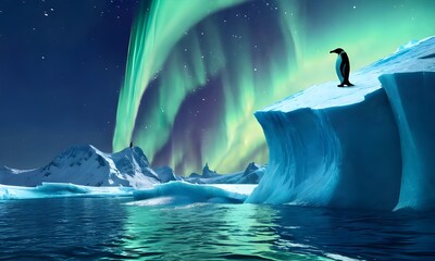 A penguin surfing an iceberg at night, with the aurora borealis lighting up the sky