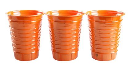 Set wrinkly orange plastic cups isolated on a transparent background