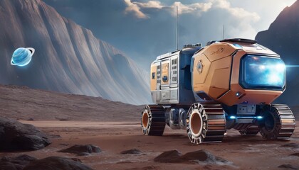 A sophisticated rover stands on the barren landscape of an alien world, under a sky graced by a distant planet, evoking a sense of exploration and advanced technology.. AI Generation