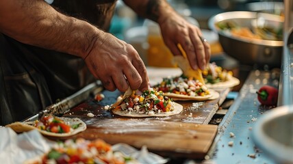 A man is preparing food on a wooden cutting board