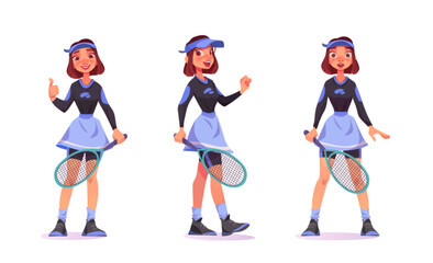 Tennis player character. Cartoon vector illustration set of young woman in sportswear with racket standing surprised, happy smiling and showing hand gesture thumbs up. Female adult person doing sport.