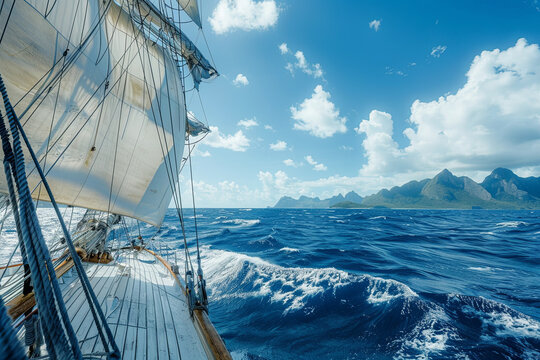 Scenic view of sailing ship navigating through blue ocean waters